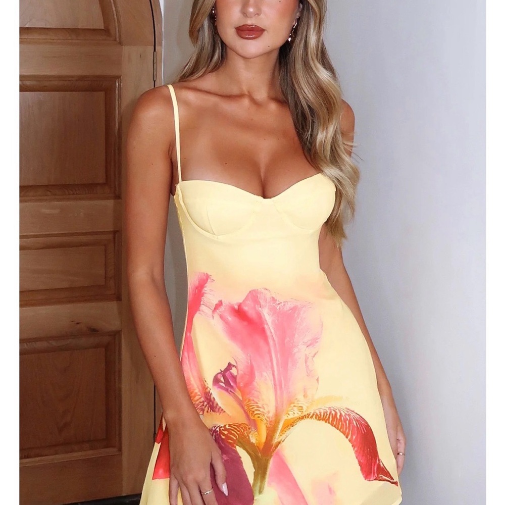 White Fox Boutique Yellow Mini Dress with Pink Floral Print